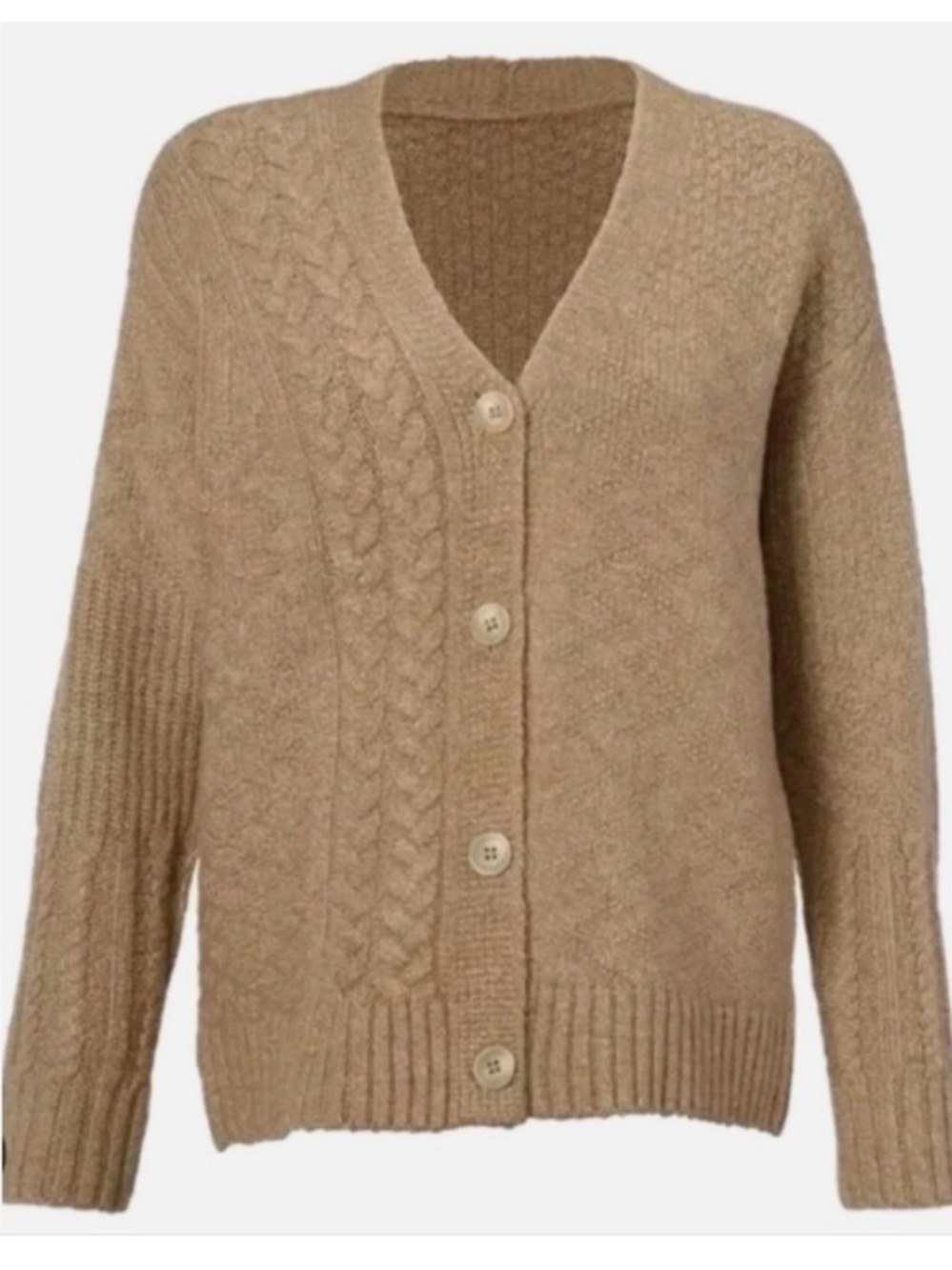 Cabi Cozy Cable-Knit Button Cardigan - Camel